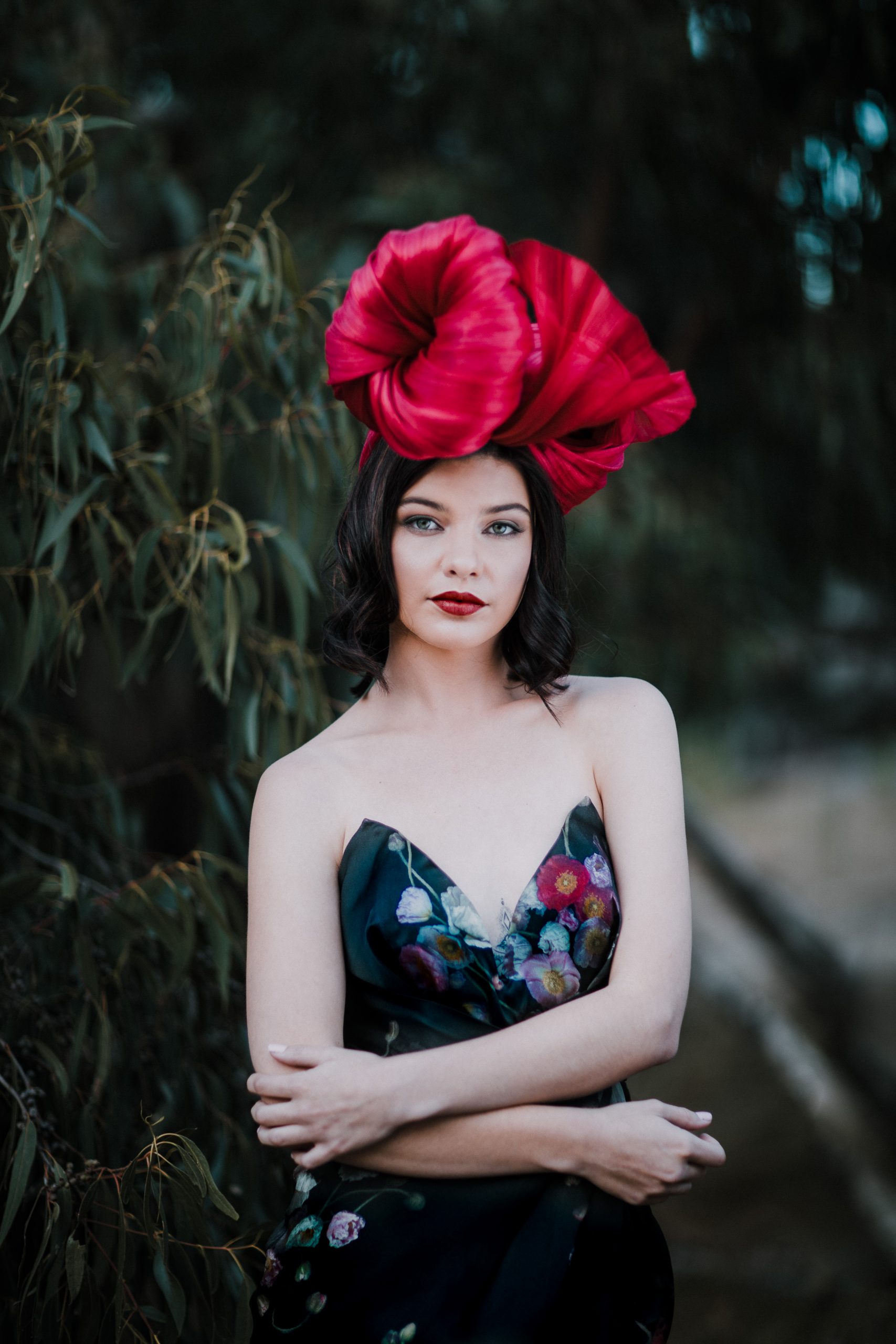 Red Millinery on model - millinery fashion photos