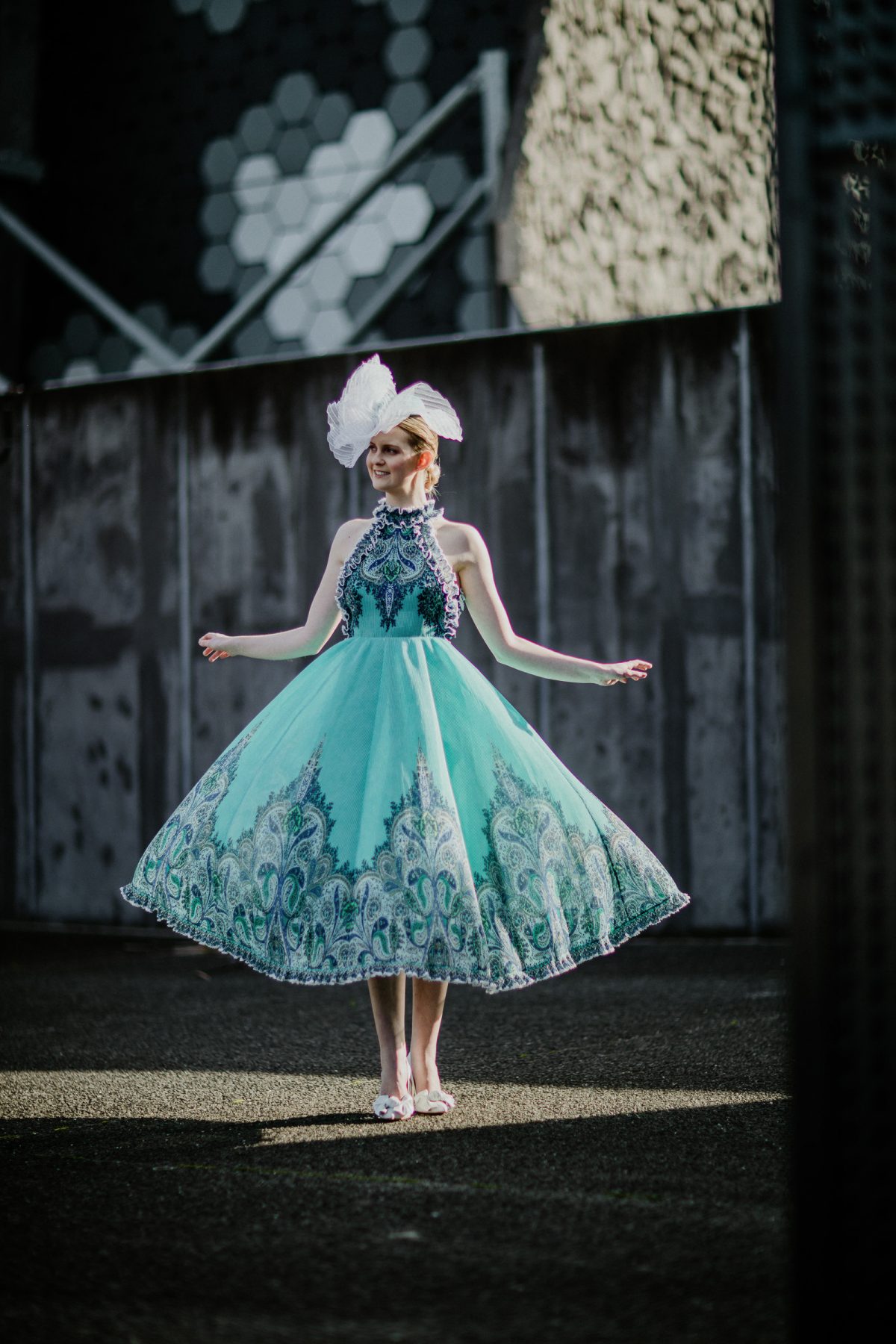 model wearing zimmerman dress and velvet&tonic millinery in Melbourne - fashion editorial
