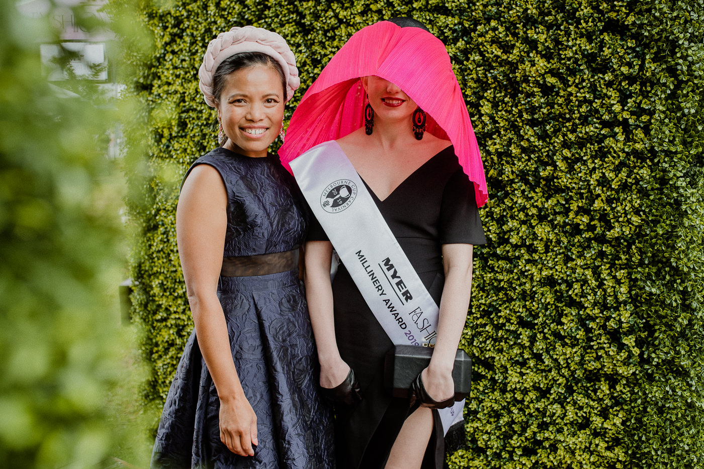 Millinery Award on Oaks Day - Myer Fashions on the Filed - 2nd Runner Up Designer Souri Sengdara and Model Jessica with winning millinery